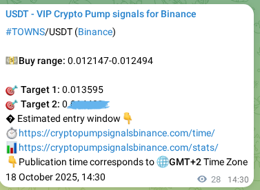 Confirm the trading signal for TOWNS pump on Binance at 18 October 2025, 15:17 Trading signal confirmation: TOWNS pump on Binance at 18 October 2025, 15:17