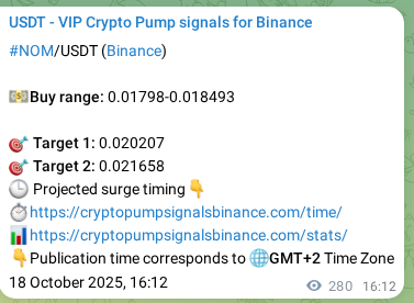 Proof of NOM pump signal on Binance at 18 October 2025, 23:59