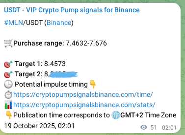 Proof of MLN pump signal on Binance at 19 October 2025, 03:26