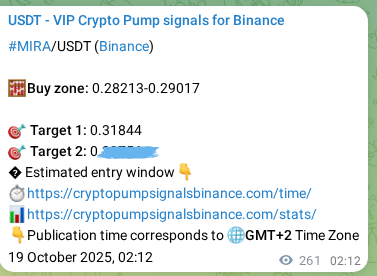 Authenticated proof of MIRA's pump signal on Binance at 19 October 2025, 09:26