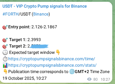Trading signal proof: FORTH pump from Binance, 19 October 2025, 12:33