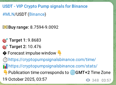 Real-time proof of MLN pump signal on Binance, 19 October 2025, 13:36