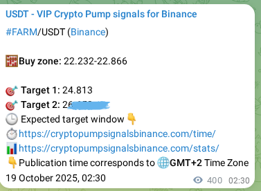 Binance pump signal data for FARM at 19 October 2025, 13:36