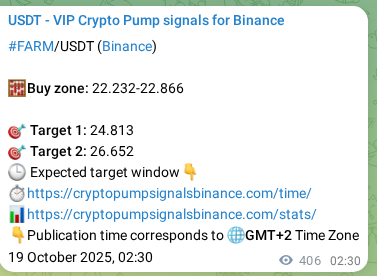 Crypto trading signal proof: FARM pump on Binance, 19 October 2025, 13:47