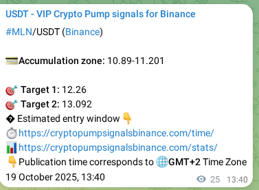 Crypto pump signal analytics for MLN on Binance, 19 October 2025, 14:21