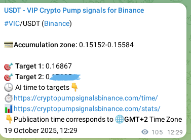 Crypto signal proof: VIC pump on Binance, 19 October 2025, 15:22