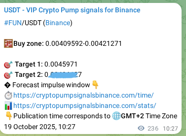 Live proof of FUN pump signal on Binance, 19 October 2025, 16:52