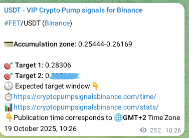 Authenticated proof of FET's pump signal on Binance, 19 October 2025, 17:19