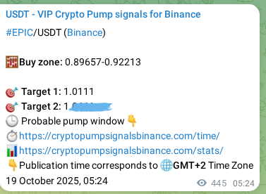 Binance trading signal confirmation for EPIC pump, 19 October 2025, 17:46