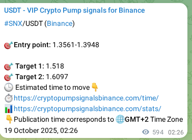 Trading signal verification: SNX pump from Binance, 19 October 2025, 18:56
