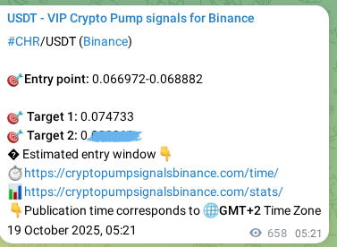 Real-time verification of CHR pump signal on Binance, 19 October 2025, 23:37
