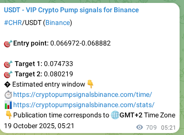 Authenticated proof of CHR's pump signal on Binance at 20 October 2025, 01:01