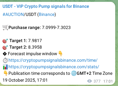 Binance trading signal proof for AUCTION pump, 20 October 2025, 03:28