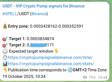 Real-time proof of SPELL pump signal on Binance, 20 October 2025, 07:17