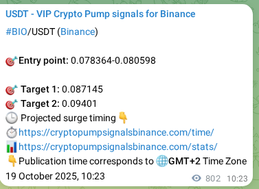 Crypto signal proof: BIO pump on Binance, 20 October 2025, 08:36