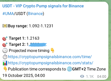 Crypto trading signal verification: UMA pump on Binance, 20 October 2025, 09:44
