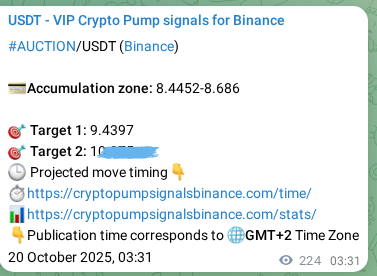 Market signal proof: AUCTION pump from Binance, 20 October 2025, 09:44