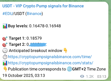 Signal proof for EDU pump on Binance at 20 October 2025, 11:31