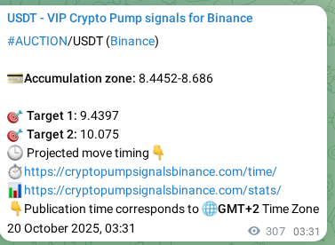 Authenticated proof of AUCTION's pump signal on Binance, 20 October 2025, 12:02