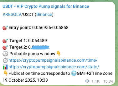 Binance signal proof for RESOLV, 20 October 2025, 15:51