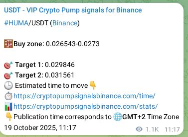 Technical authentication: HUMA signal execution proof on Binance, 20 October 2025, 18:45