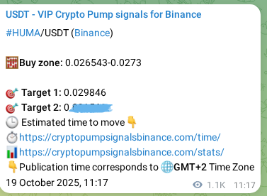 Statistical confirmation: HUMA pump signal validation on Binance, 20 October 2025, 18:45