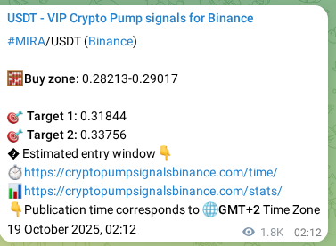 Crypto market signal proof: MIRA pump on Binance, 21 October 2025, 04:20
