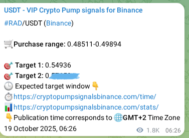 Binance pump signal data for RAD at 21 October 2025, 07:47
