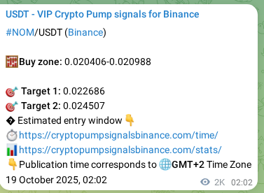 Crypto trading signal proof: NOM pump on Binance, 21 October 2025, 10:26