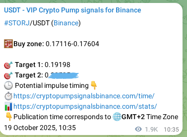 Crypto signal proof: STORJ pump on Binance, 21 October 2025, 16:07