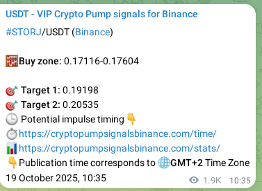 Binance signal verification for STORJ pump, 21 October 2025, 16:08