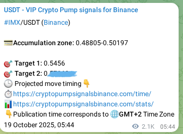 Binance pump signal verification for IMX at 21 October 2025, 17:11