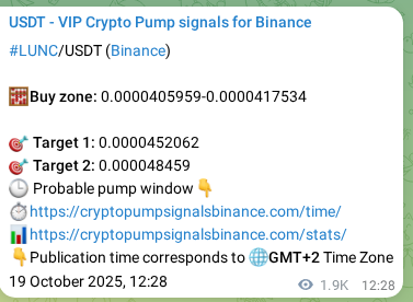 Pump signal proof for LUNC on Binance at 21 October 2025, 18:27