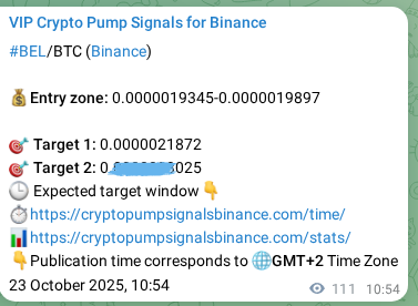 Proof of BEL pump signal on Binance at 23 October 2025, 13:59
