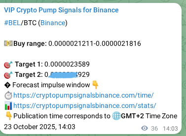 Binance pump signal proof for BEL on 23 October 2025, 15:03
