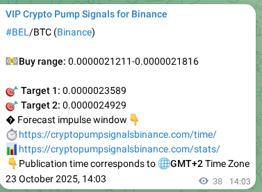 Authenticated proof of BEL's pump signal on Binance at 23 October 2025, 15:06