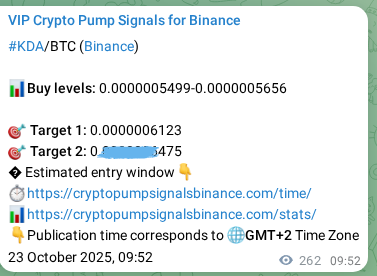Crypto pump signal proof: KDA on Binance, 23 October 2025, 17:08