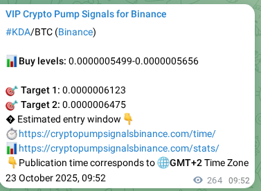Binance trading signal proof for KDA pump, 23 October 2025, 17:12
