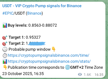 Verify the crypto pump signal confirmation for EPIC on Binance, 25 October 2025, 12:38 Crypto pump signal confirmation: EPIC on Binance, 25 October 2025, 12:38