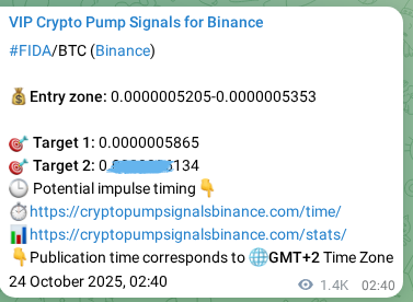 Proof of FIDA pump signal on Binance at 25 October 2025, 18:09