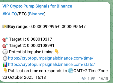 Binance pump signal proof for KAITO on 25 October 2025, 21:28