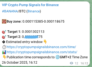 Crypto trading signal proof: BANANA pump on Binance, 26 October 2025, 16:32 Crypto trading signal proof: BANANA pump on Binance, 26 October 2025, 16:32