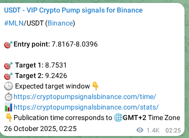 View the exchange signal confirmation for MLN on Binance, 27 October 2025, 18:01 Binance exchange signal confirmation for MLN, 27 October 2025, 18:01