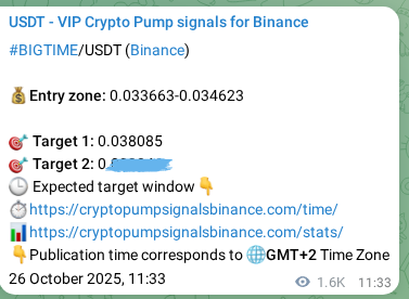 Binance trading signal proof for BIGTIME pump, 28 October 2025, 07:21