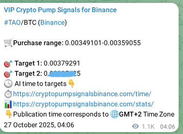 Binance trading signal proof for TAO pump, 28 October 2025, 10:42