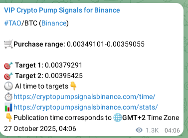 Binance pump signal data for TAO at 28 October 2025, 15:27