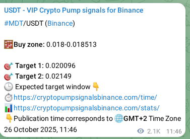 Live proof of MDT pump signal on Binance, 28 October 2025, 20:47
