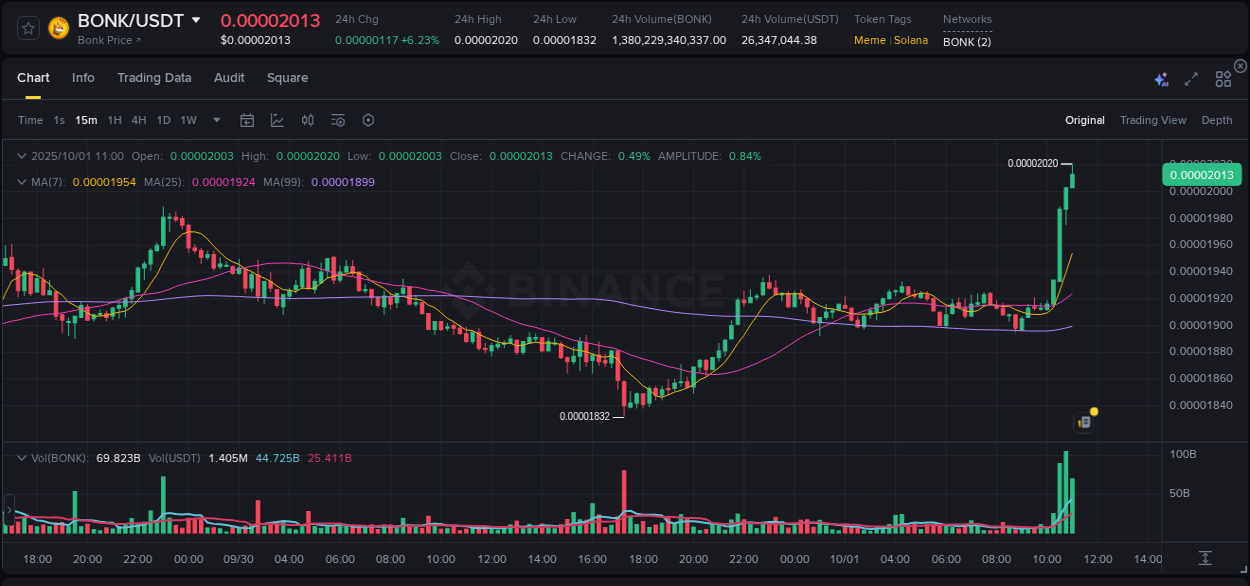 Assess institutional activity: BONK pump analysis on Binance, 01 October 2025, 11:11 Institutional flow analysis: BONK pump on Binance, 01 October 2025, 11:11