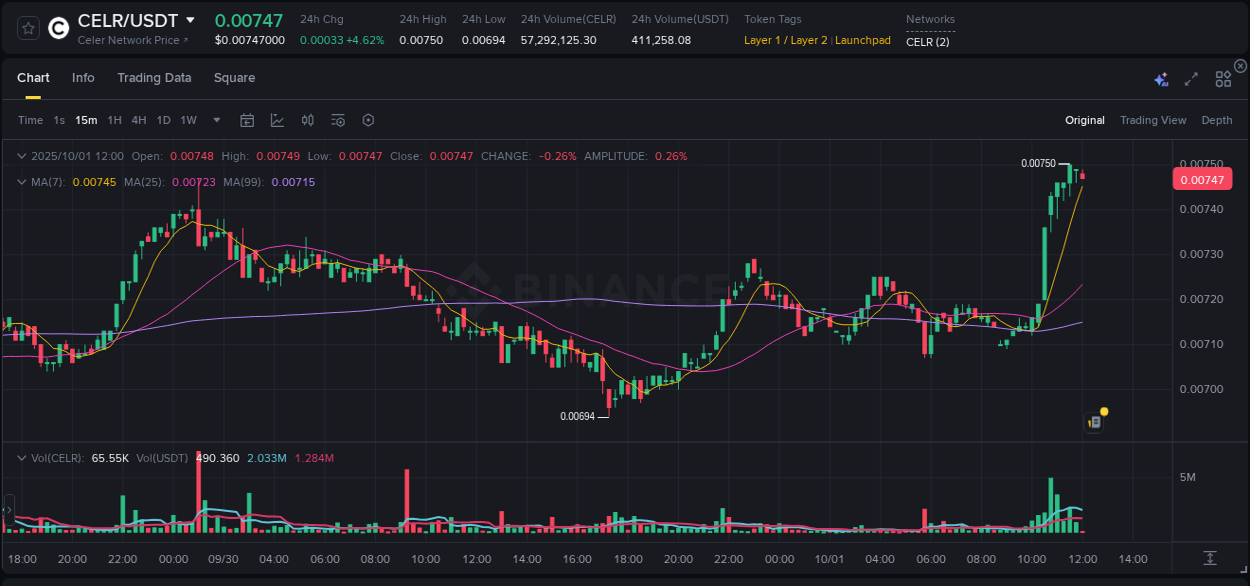 See the detailed report of CELR's pump on Binance at 01 October 2025, 12:06 Analysis of CELR pump activity on Binance at 01 October 2025, 12:06