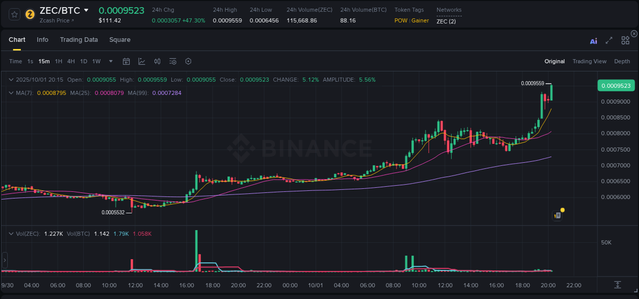 Market dynamics report: ZEC on Binance at 01 October 2025, 20:27